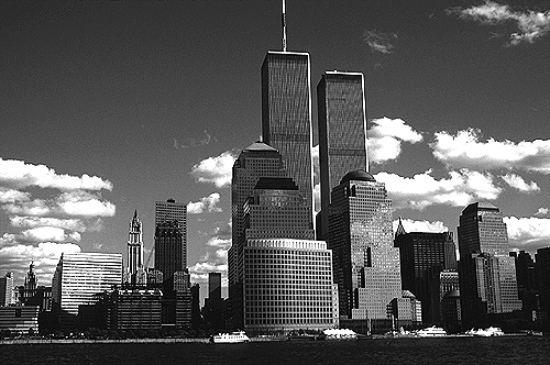 [View of World Trade Center from the Hudson River - bw_wtc57109930.jpg - 136305 Bytes]